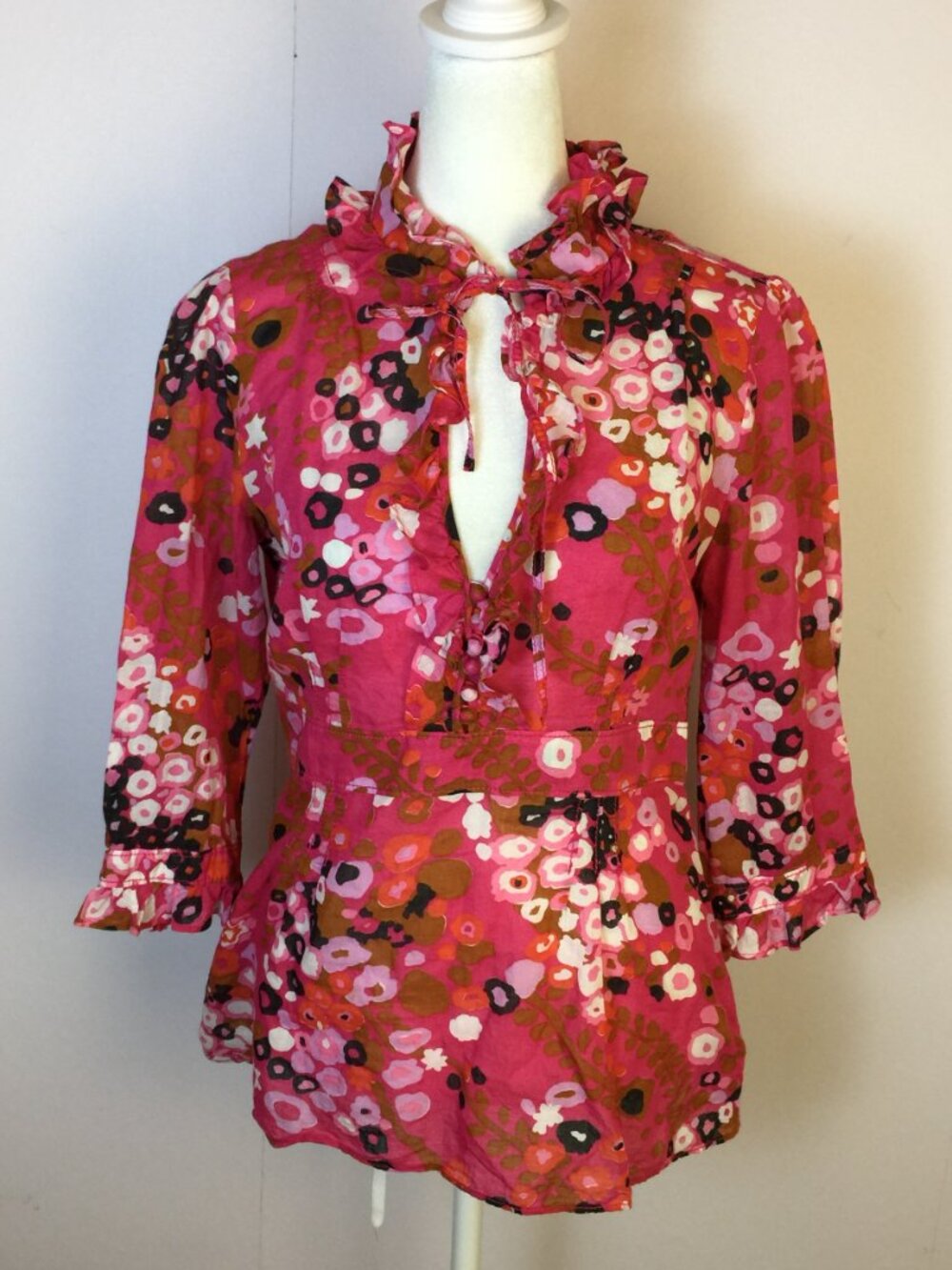 J Crew Blouse Top Size 8 Womans Pink Cherry Blossom Frances Ruffle Cotton Ramie